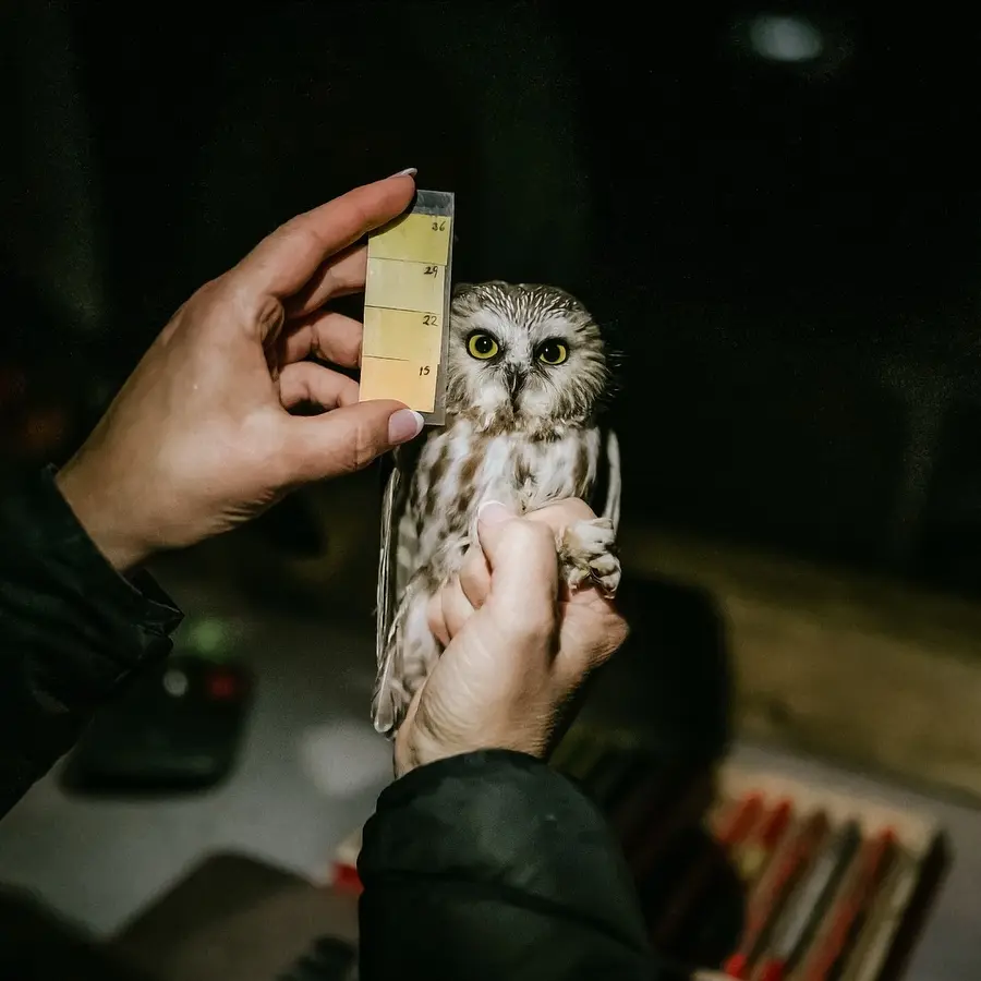 A Saw-whet Owl is centre of frame with their legs lightly held in the volunteer's right fist. Their left hand holds a panel about the size of a playing card but half as wide next to the owl's face. The panel contains 4 shades of yellow ranging from pale ale to lemon orange Sparkling Duet, each numbered to help register the pigment of the owl's eyes.